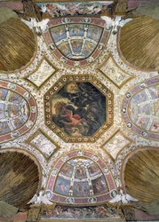 Camera delle Aquile, soffitto con la Caduta di Icaro nel pannello centrale circondato da decorazioni in stucco di putti e lunette con scene mitologiche, 1528